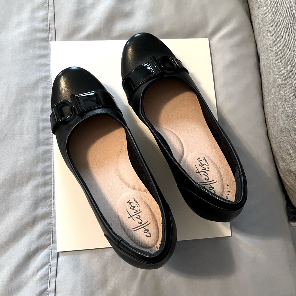 Collection by Clarks black leather wedges